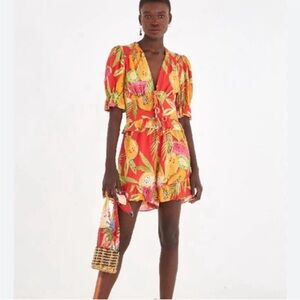 Farm Rio Papaya Romper Red Multi Sleeved Jumpsuit size small NWT